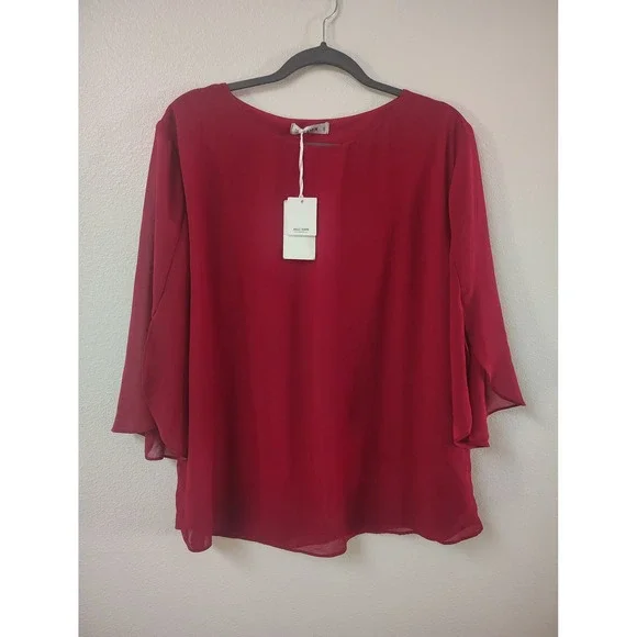 Grace Karin Womens Red Chiffon Split Bell Sleeve Layered Blouse Top Size 2XL NEW - Picture 1 of 4